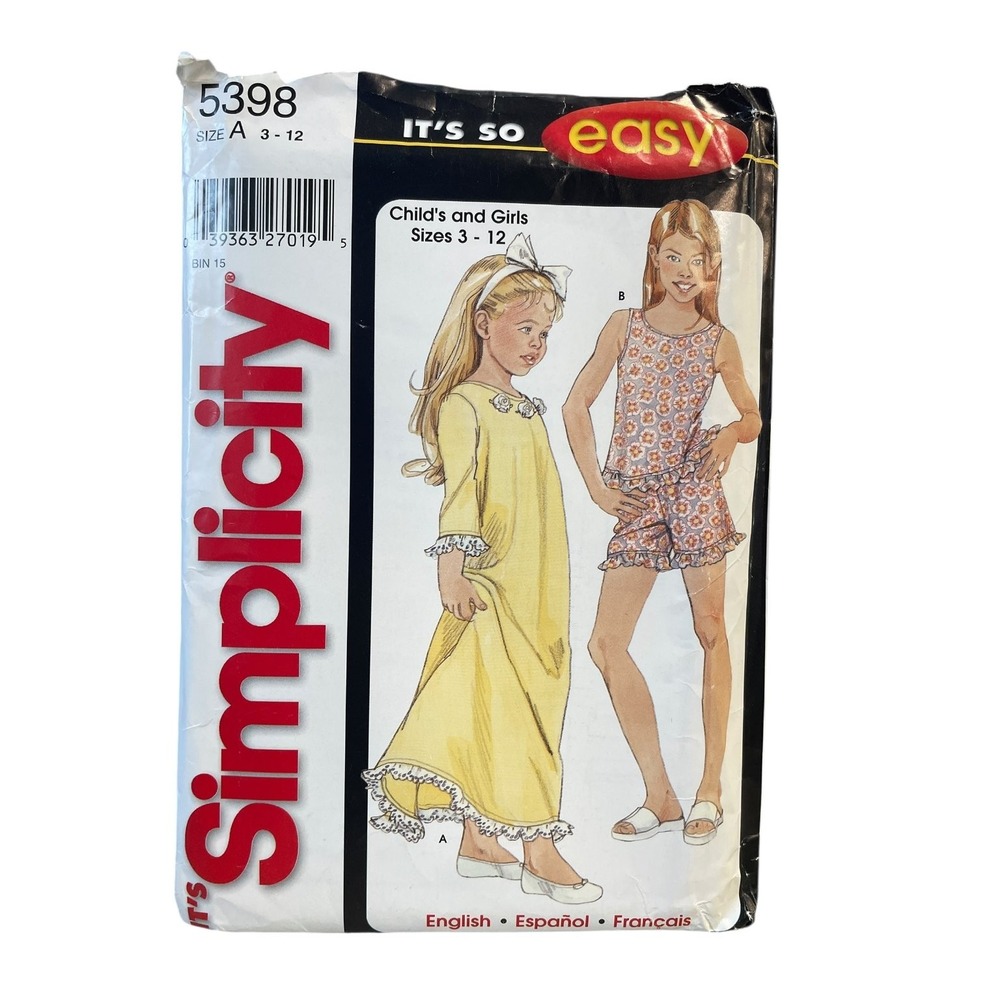 Simplicity 5398 Child Girls Nightgown Pajamas Set Sizes 3-12 Easy